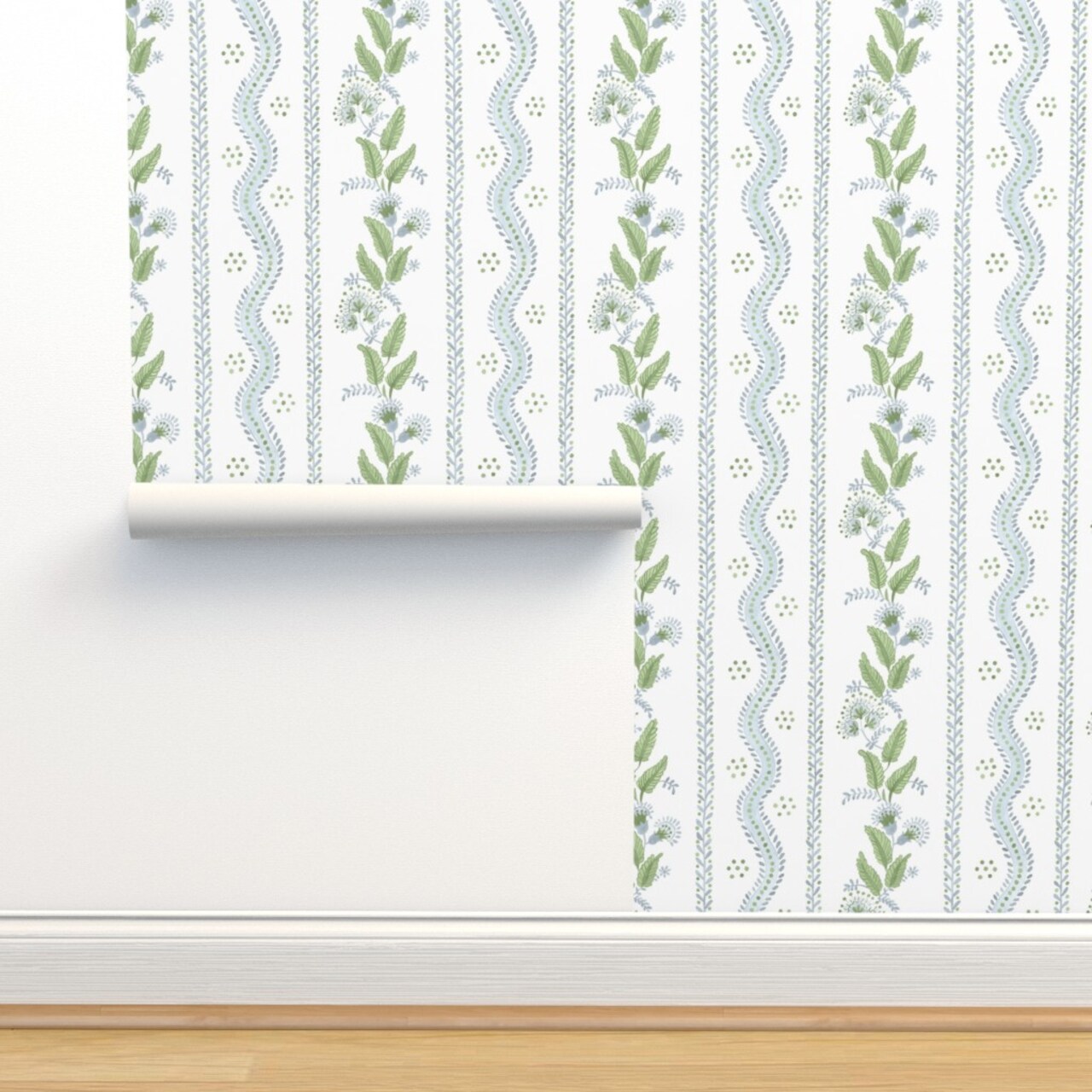 Regency Floral Folk Art Light Blue Leaves Flower Vine Traditional Watercolor Custom Removable Wallpaper by Spoonflower Peel & Stick Wallpaper 2FT Wide